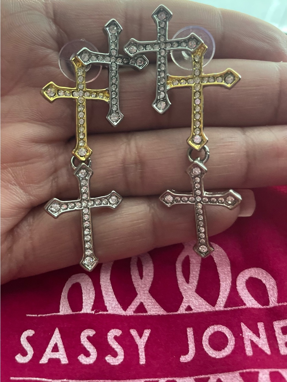 Sassy Jones Gold and Silver Crystal Cross Drop Earrings